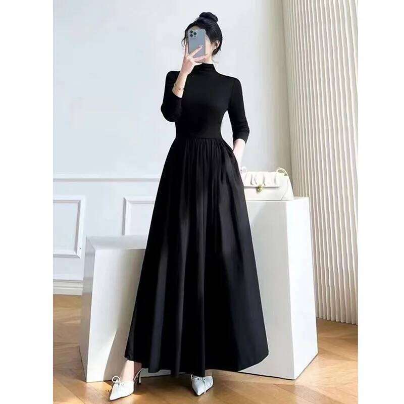 Lucyever French Style Black A-Line Dresses Women Elegant High Waist Long Sleeve Midi Autumn Winter Slim Fit Maxi Dress Z260313