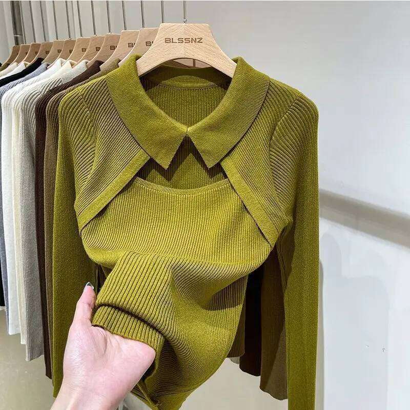 Women Clothing Fashion Polo Collar Hollow Out Knit Pullover Autumn Elegant Sexy Solid Patchwork Sweater Chic Y2K Long Sleeve Top Z260313