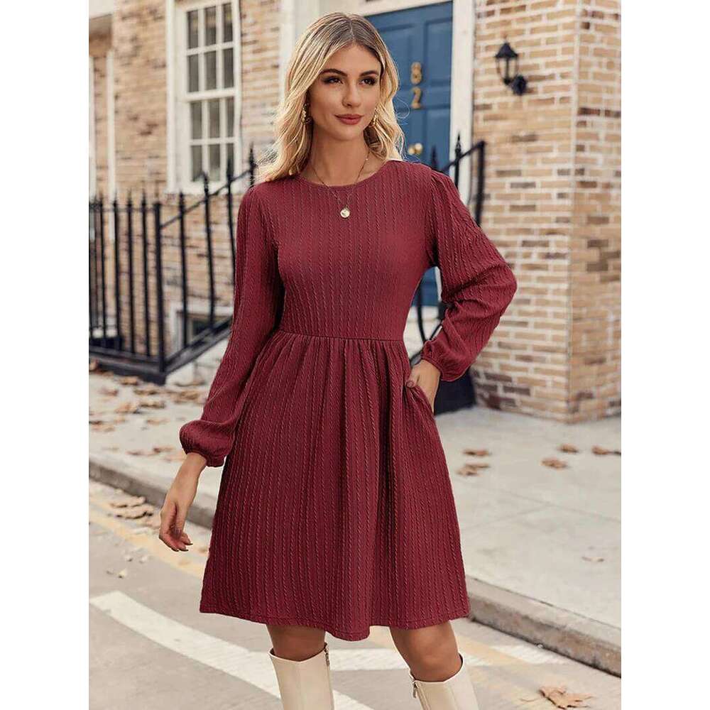 Women'S Fashion Comfort Round Neck Pocket Knitted Long Sleeve A-Line Dress With Pockets Solid Color Casual Versatile Z260313
