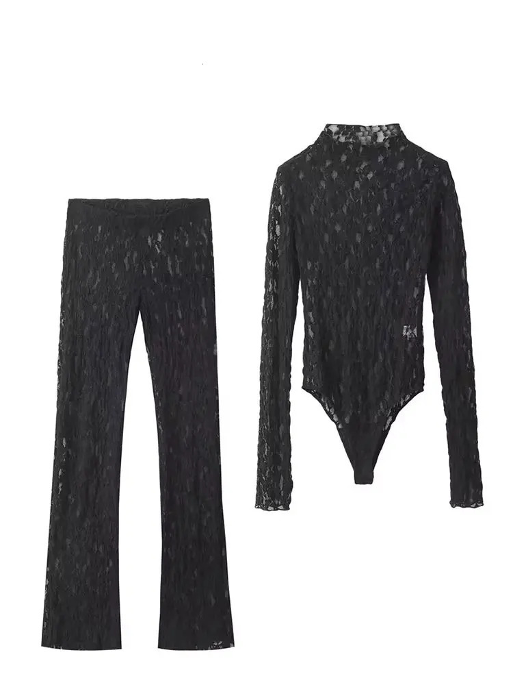 HH Womens Lace Pants Sets Slim Jumpsuits Top High Waist Trousers Sexy Lady Floral Lace Translucent Y2k Bodysuit Suits 260309