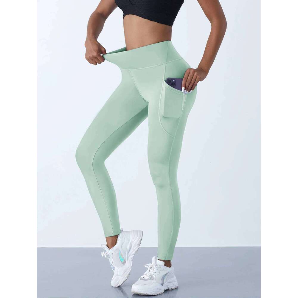 Women High Waist Elastic Workout Yoga Leggings Tummy Control With Side Pockets Pants Seam Gym Fitness Sportswear Tights 26Y0313