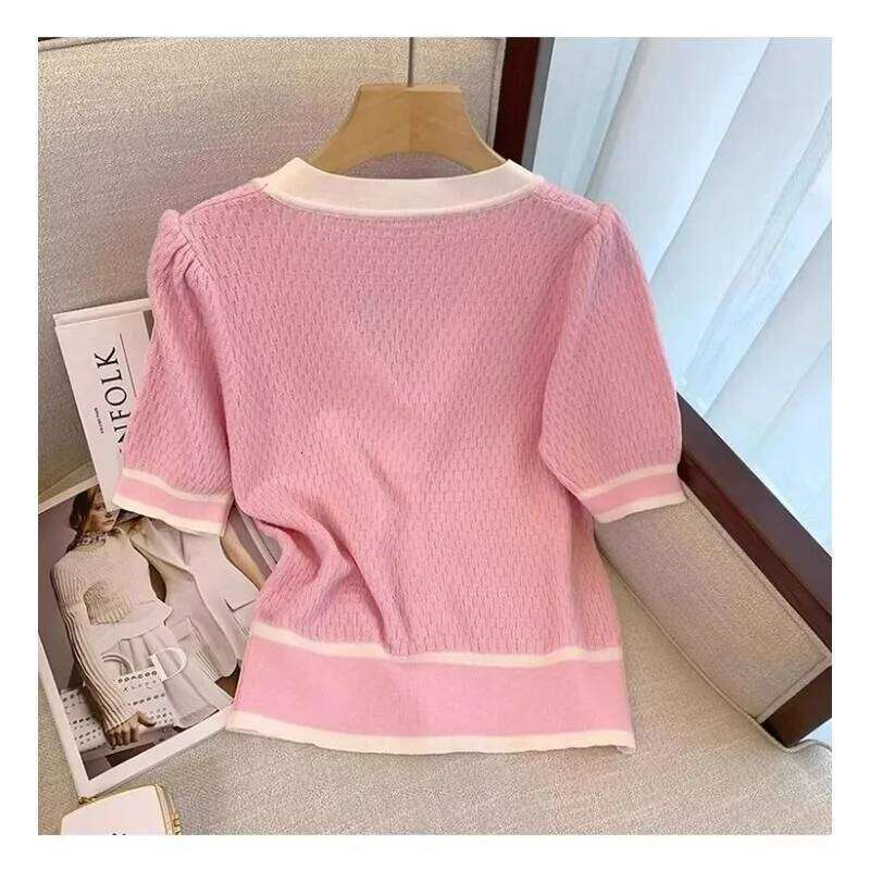 White Black Pink Knitted Cardigan Women Summer Knit T-shirt Short Sleeve Single-breasted Pocket Design Tops Chic Tees V-neck New Z260314