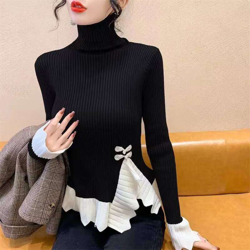 Vintage Knot Button Knitted New Spring Autumn Elasticity Slim Turtleneck Sweater Long Sleeve Office Lady Elegant Shirt Z260313