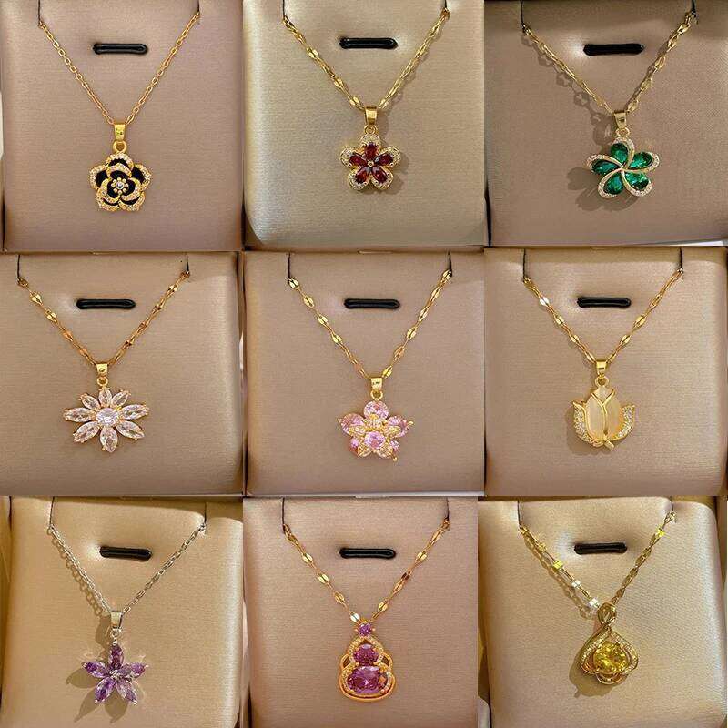 OIMG Stainless Steel Multiple Styles New Design Heart Flower Zircon Pendant Necklace for Women Girls Elegant Jewelry H260312