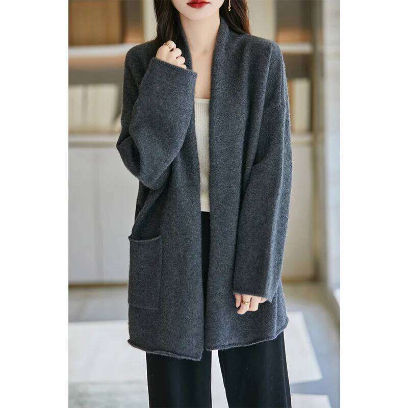 Christmas 100% Merino Wool 7-Needle Thick Knit Cardigan Loose Plus Size Top Women's Double Pocket Cashmere Coat Winter YYY2437 Z260313