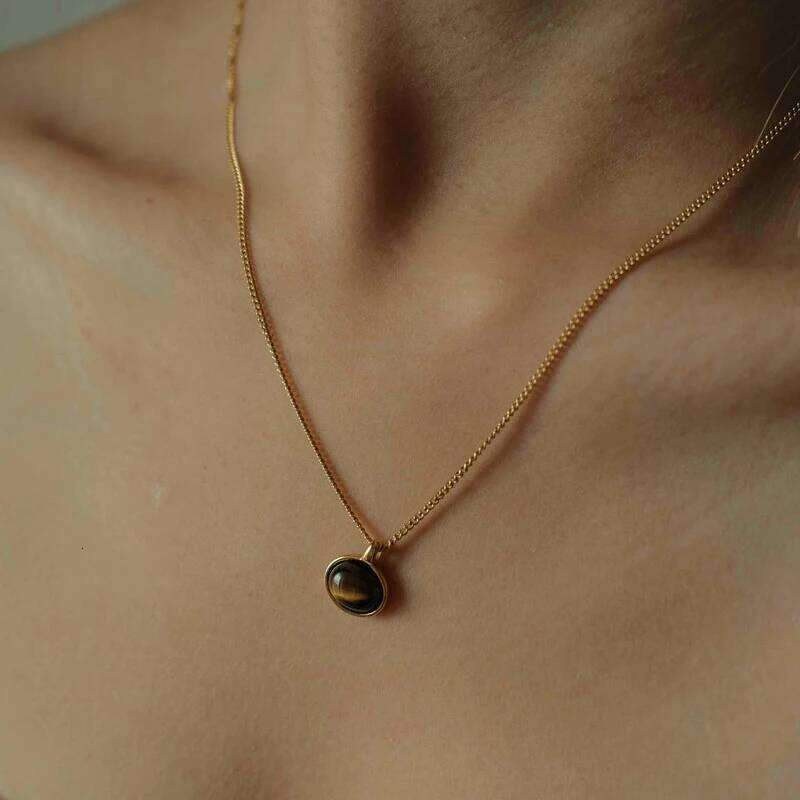 Vintage Natural Stone Tiger Eyes Oval Pendant Necklace for Women Stainless Steel Chain Necklaces Femme Jewelry Bijoux Gift H260312