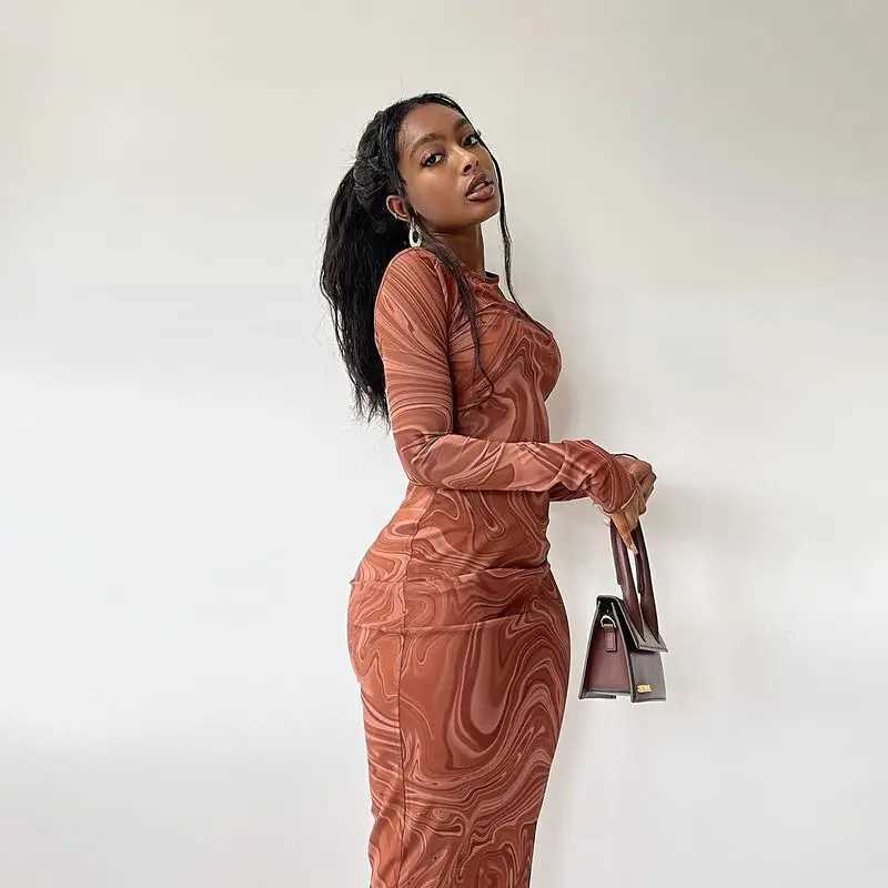 Long Sleeve Bodycon Dresses Women Evening Party Clothes O-neck Mid Calf Sexy Vestidoes De Mujer One Piece Outfits StreetwearT260314