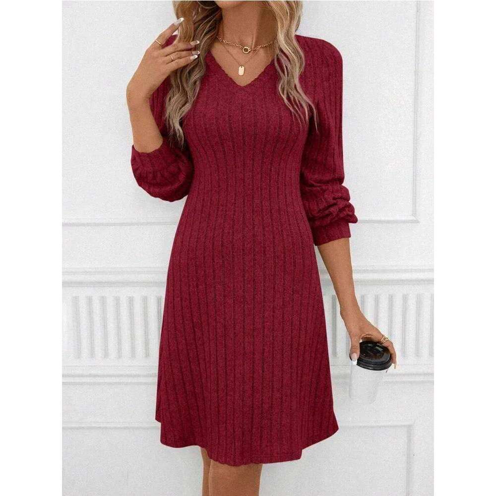 Solid Color Long Sleeve Knitted Ribbed Women Mini Dress Winter Warm V-neck Pit Stripe Dresses Casual Party Vacation New Clothes Z260314