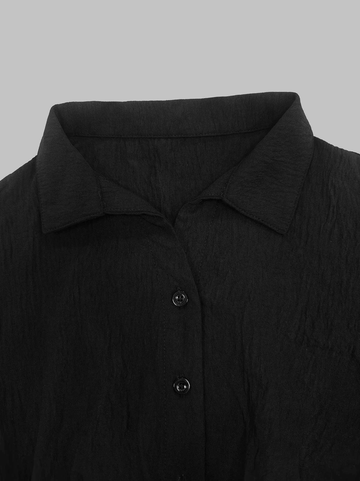 Womens Black Textured Maxi Dress with Stand Collar Button Placket and Matching BeltT260316