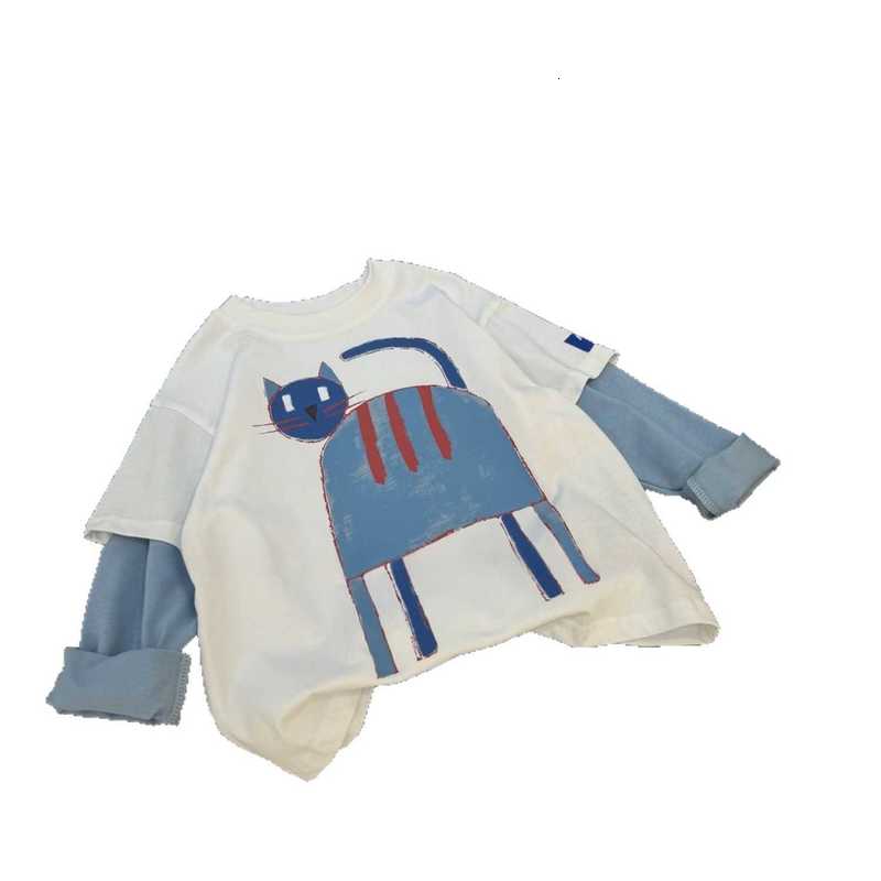 T-shirts Boys' two-tone color block T-shirt spring/autumn cartoon cat long-sleeve T-shirt for young children casual loose sweatshirt