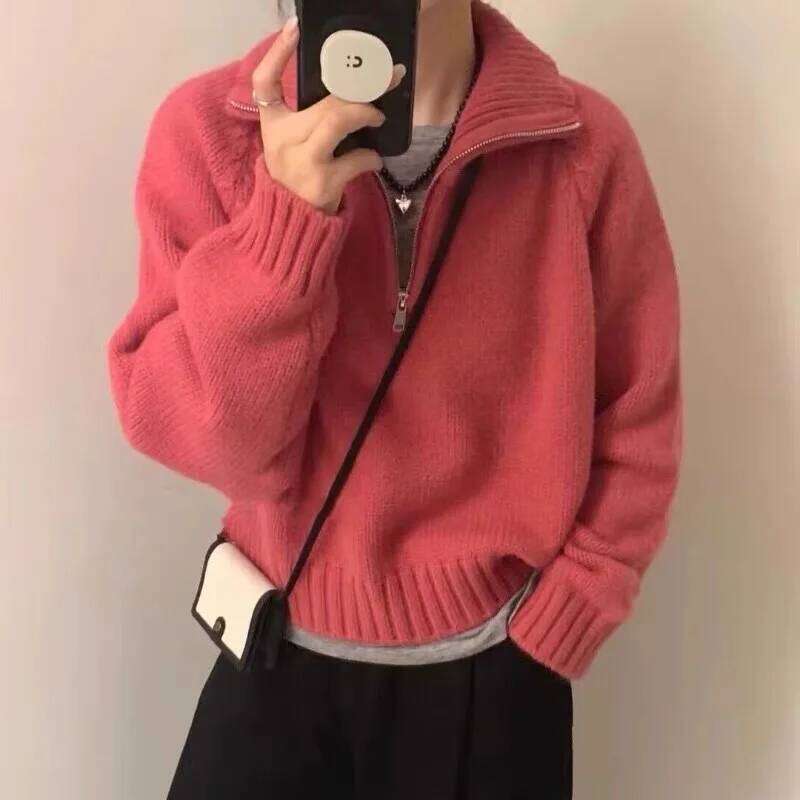 Women Half Zip Sweater Winter Autumn Long Sleeve Plain Knit Sailor-Collar Pullover Knitwear Teen-girl Basic Outfit Z260313