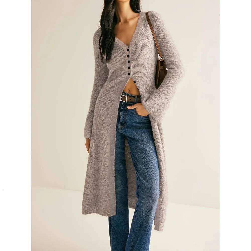 Women's Dress: High-end French V-neck Slimming Cardigan, Mid-length Solid-color Knitted Long Dress for Women Windbreaker Z260314