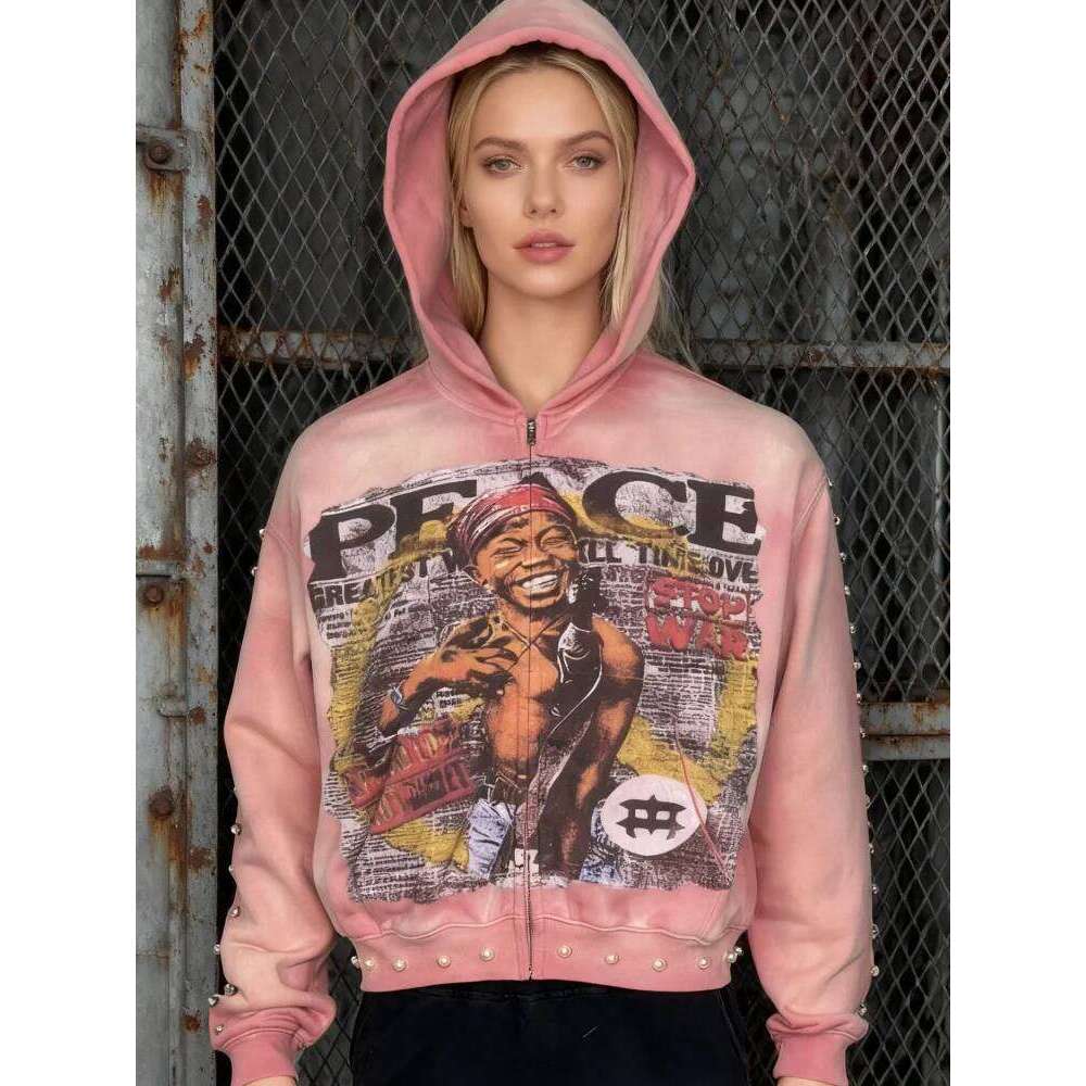 Y2K Aesthetic Pattern Print Hoodie Vintage Punk Gothic Couple Pearl Graffiti 2000s Streetwear 26Y0313