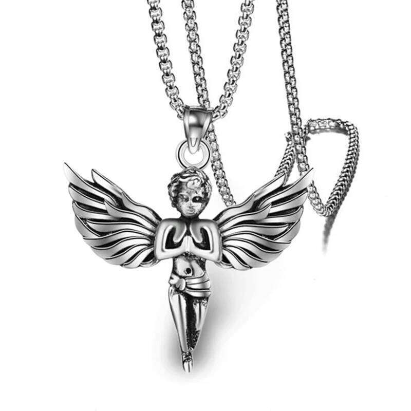 Angel With Feather Wing Pendant Necklace Stainless Steel Retro Punk Fashion Silver Color Hip Hop Rock Neck Jewelry Party Gifts H260312