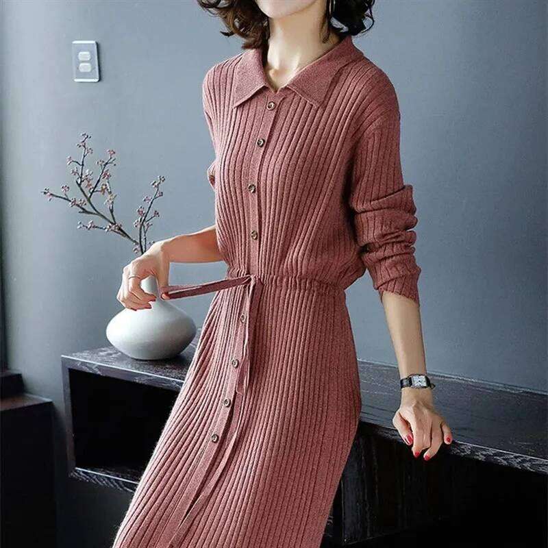 Loose Pullover Sweater Lace-UP 2025 New Spring Size XXXL High-End Turn-Down Collor Long Knitted Women's Autumn Dress Z260314
