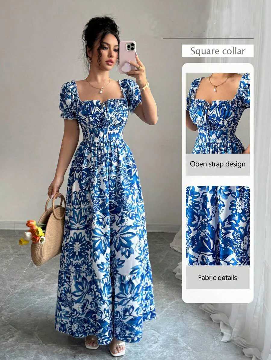 Elegant Womens Floral Print Bubble Sleeve Dress Blue Long Dress Front Tie Back Gathered Waist Casual VacationT260314