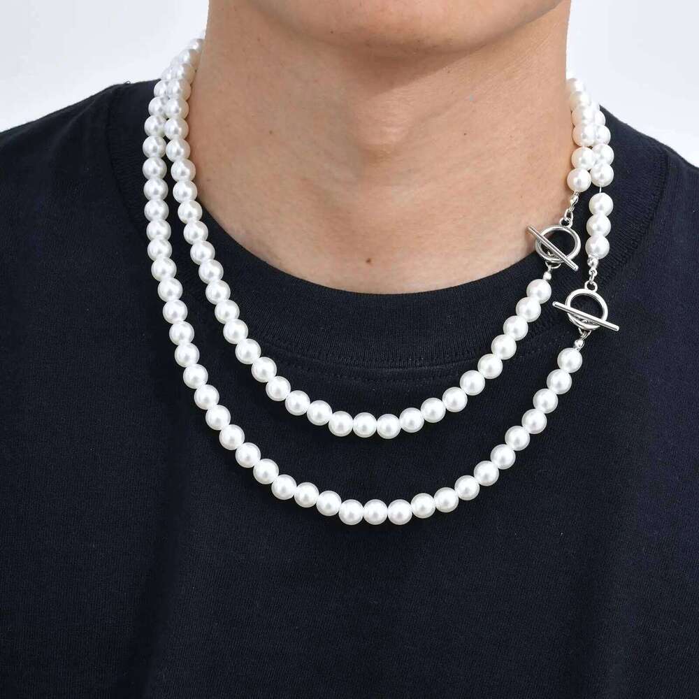 Fashion Metal OT Buckle Imitation Pearl Necklace for Men Women, Light Handmade Beads Neck Chain Jewelry Unisex H260312