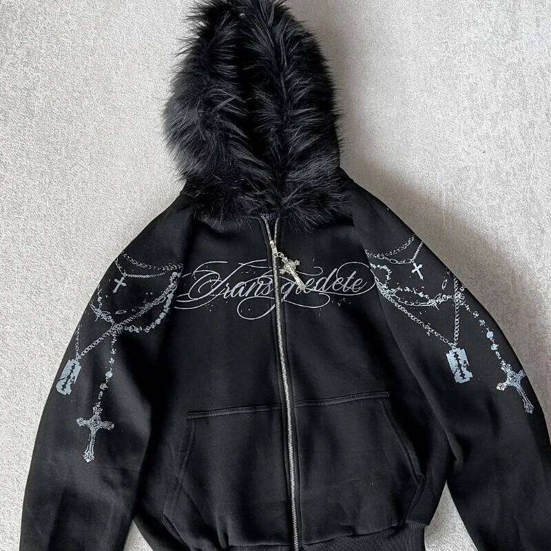 American retro autumn winter thick jacket Gothic printing drawing loose zipper sweatshirt men and women hoodie streetwear Z260314