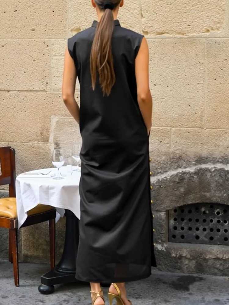 Womens 2026 New Sleeveless Stand Collar Black Dress Gold Side Buttons Pockets Elegant Evening Office Maxi DressesT260314