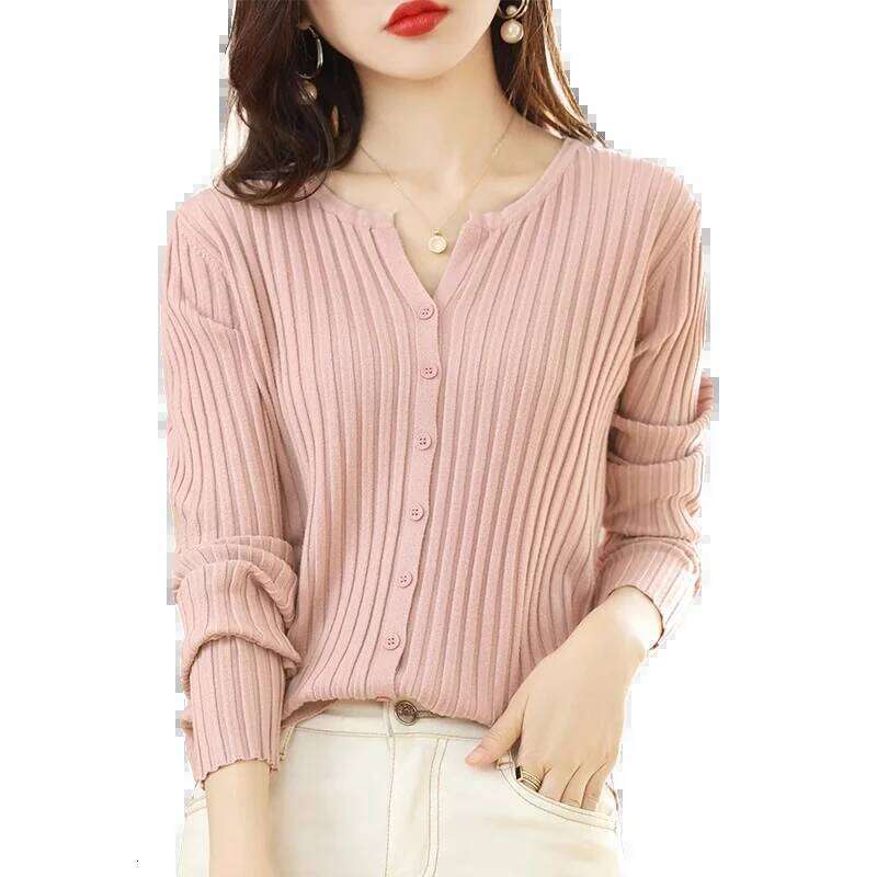 2025 Autumn Winter New Solid Cardigan Women's O-Neck Sweater Knitted Bottoming Shirt Striped Korean Fashion Undershirt Knitwear Z260313