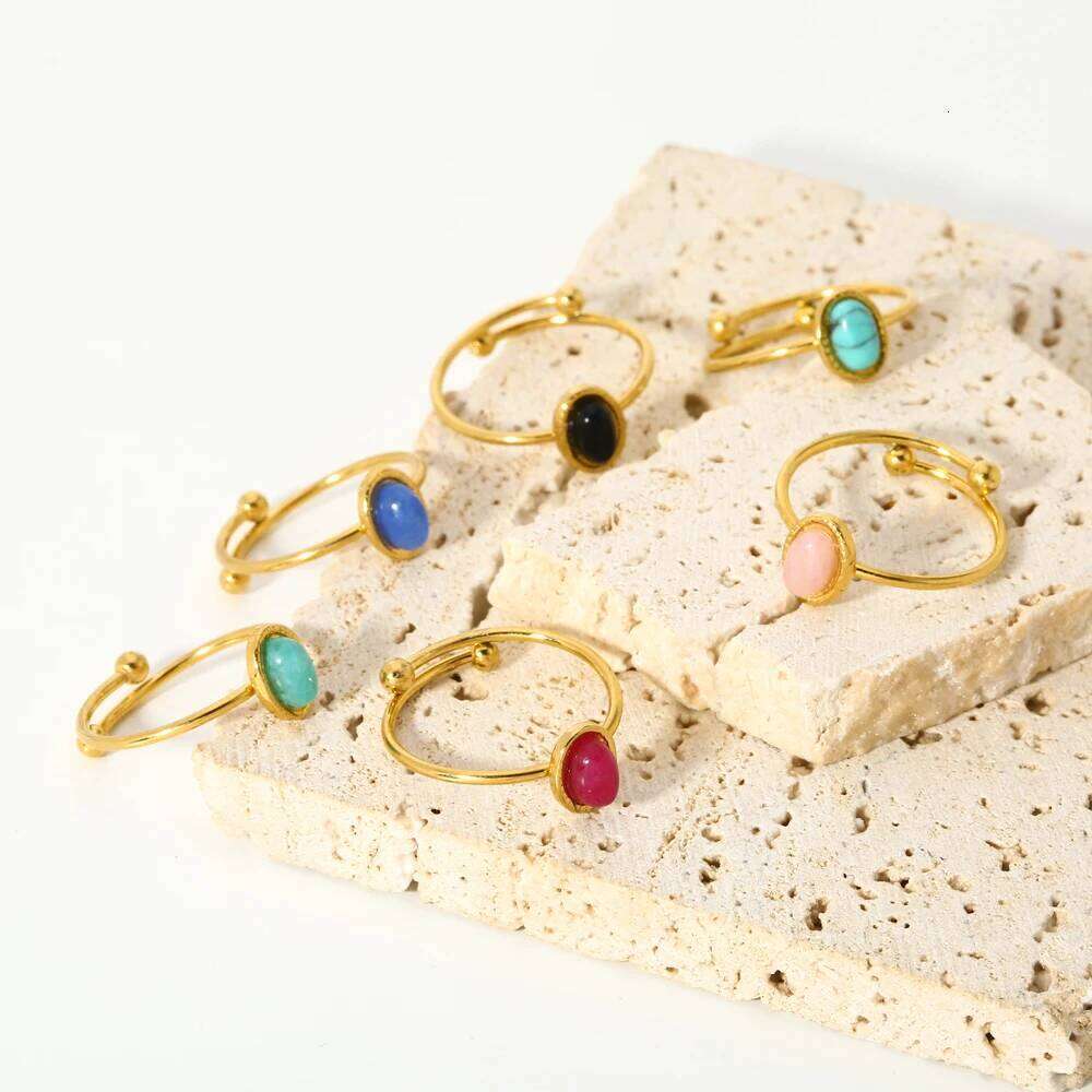 Stainless steel 18k Gold plated Minimalist Natural stone Obsidian Adjustable Stackable ring for Women H260312