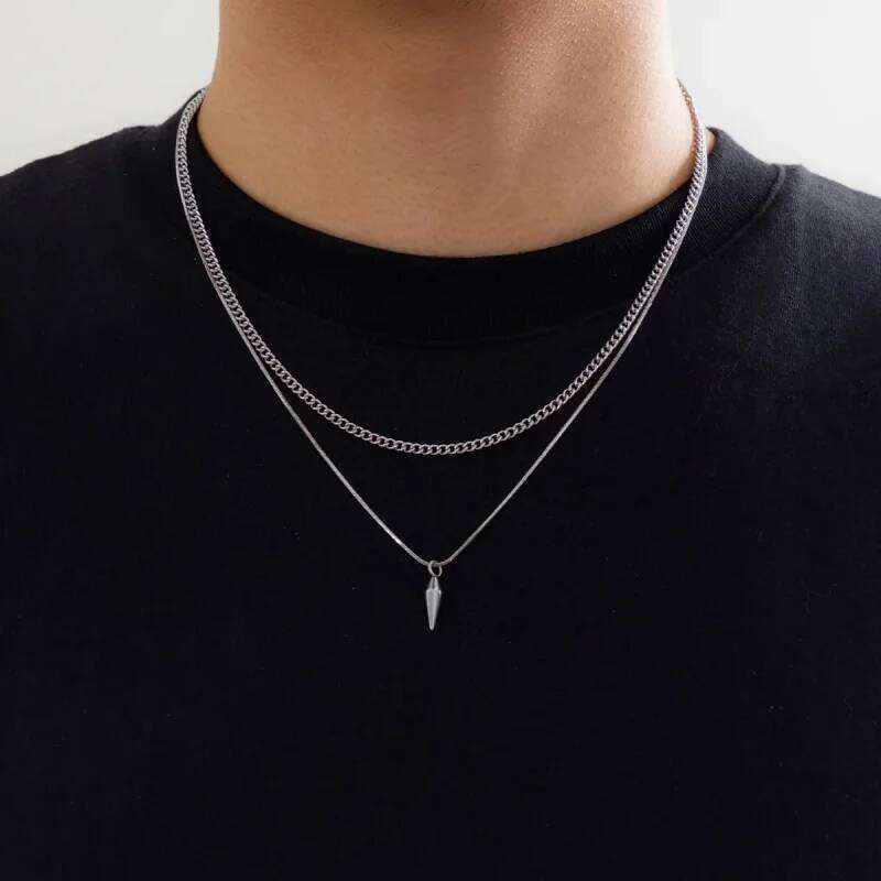 1 Piece Simple Double Layered Studded Hip Hop Personalized Fashion Alloy Silver Color Men's Pendant Necklace H260312
