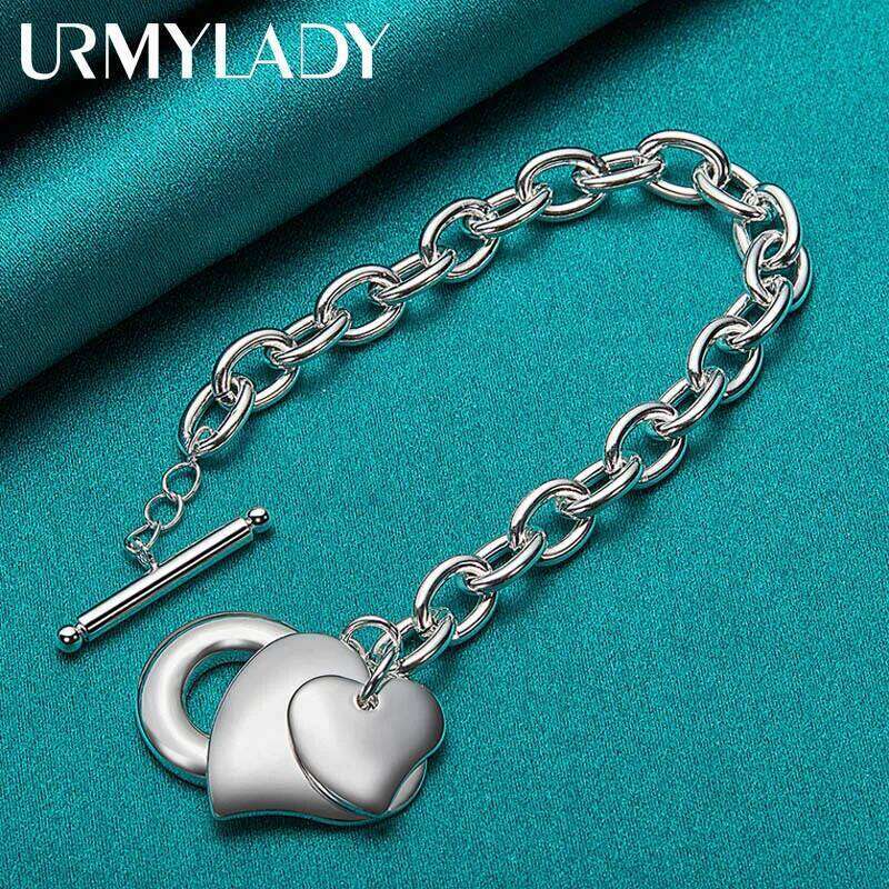 URMYLADY 925 Sterling Silver Double Heart Pendant Bracelet For Women Wedding Party Charm Jewelry Z260313