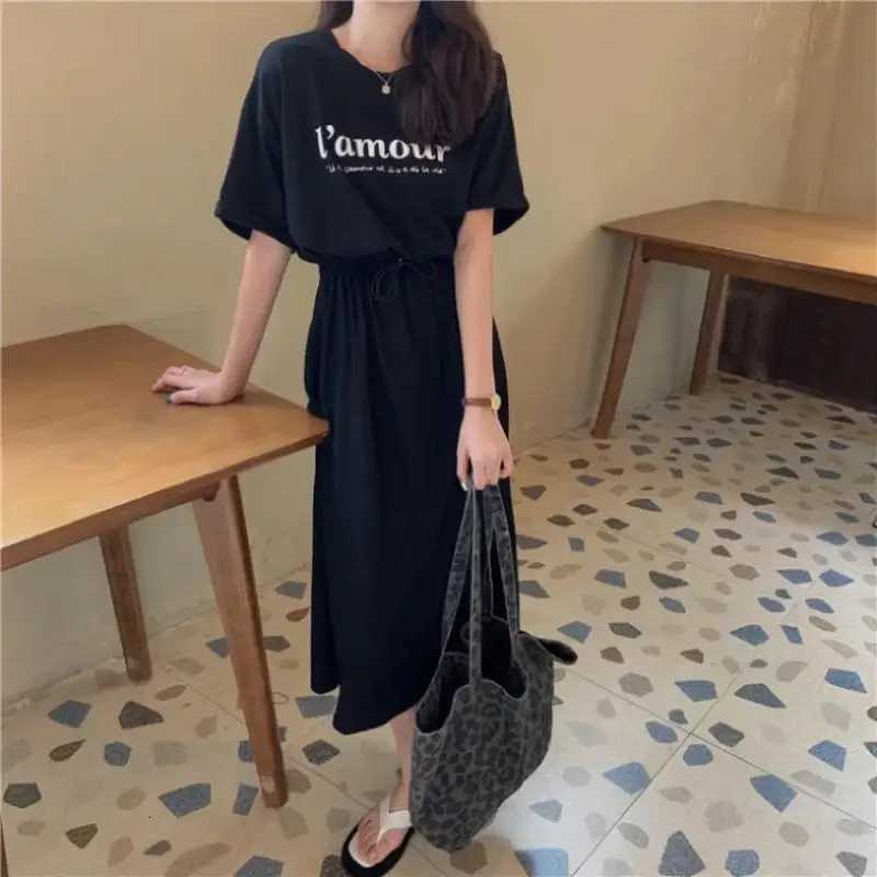 Medium to long T-shirt skirt summer 2024 new T-shirt skirt summer style loose fit short sleeved dress womens clothingT260314