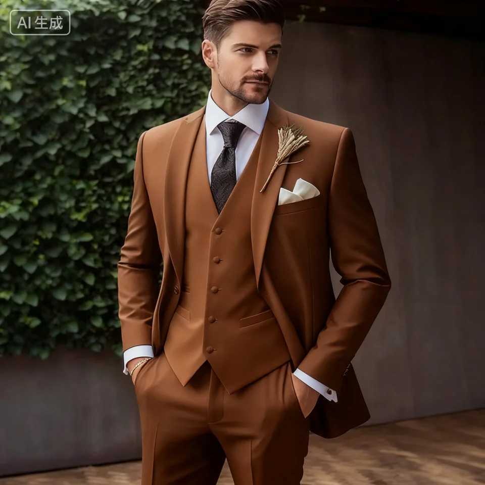 Italian Mens 3-Piece Tuxedo Navy Blue Jacket Slim Fit Wedding Groomsmen Suit with White Vest And Lapel Cufflinks M260313