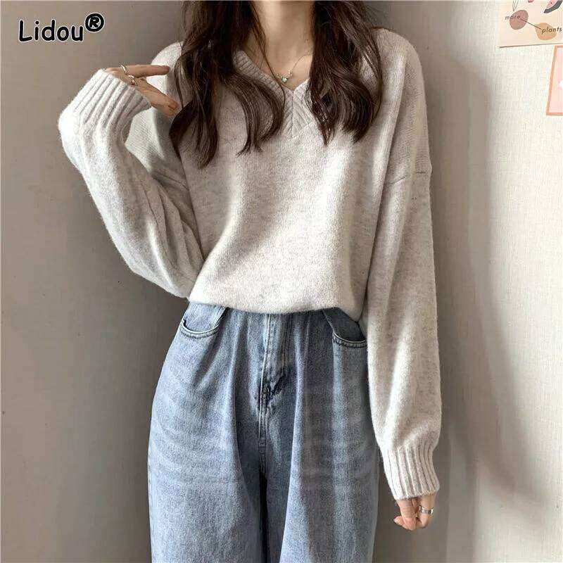 Auyumn Winter Solid Thick Sweet Pullovers V-neck Intellectual Loose Comfortable Temperament Screw Thread Women's Clothing 2022 Z260313