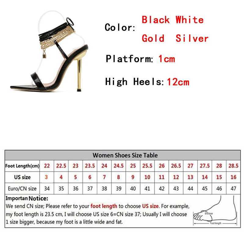 Womens Sandals High Heels 12CM New Chain Ankle Strap Gold White Pointed Toe Female Party Shoes Sandalias de mujer Size 35-42 K260313