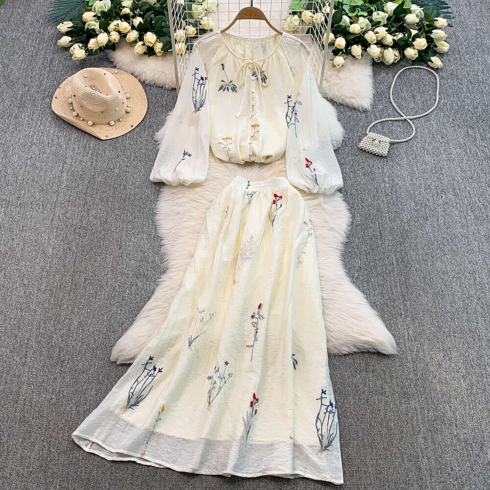 2026 designer's new sweet style lace up design embroidered loose single breasted shirt high waist slimming skirt