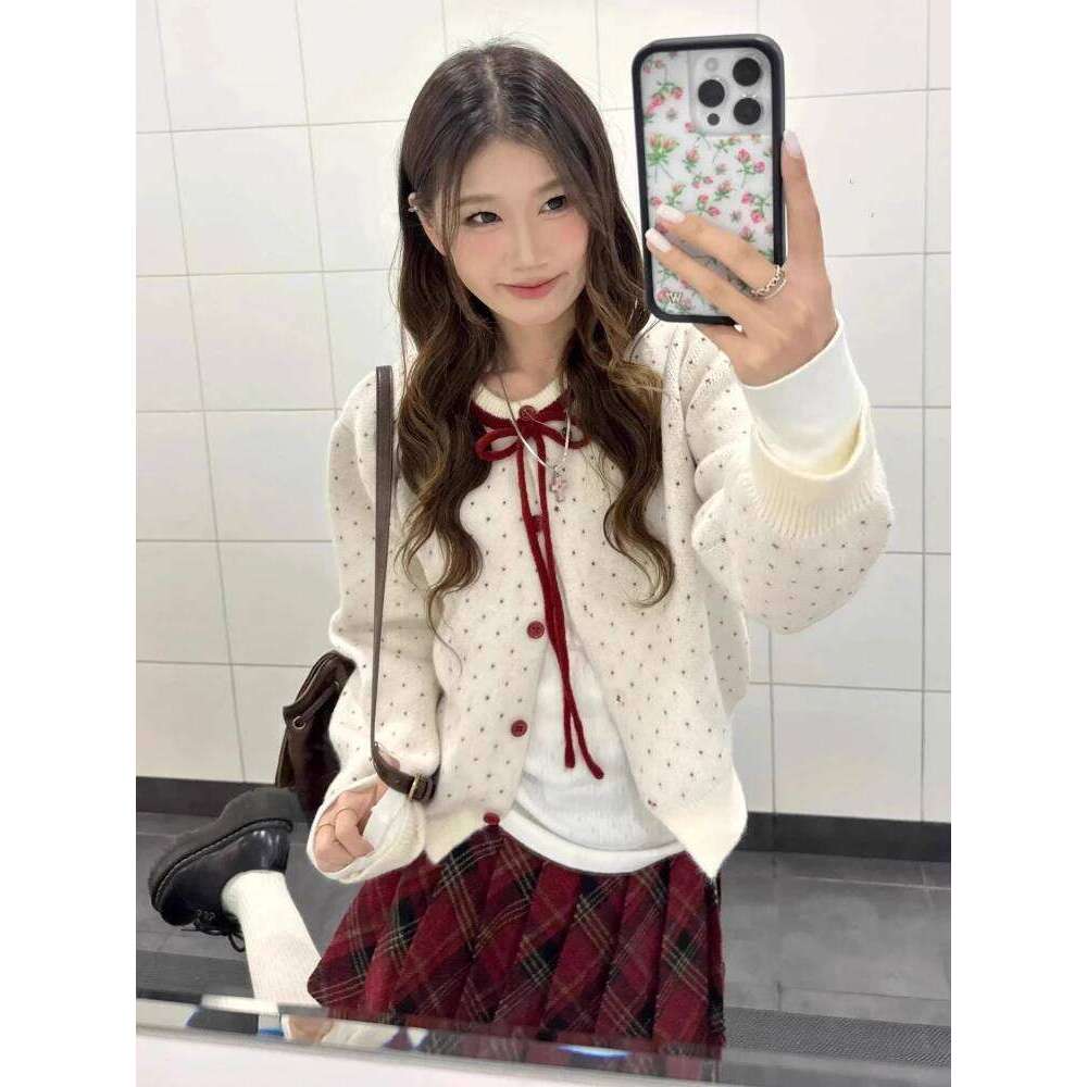 Korean Sweet Polka Dot Knitted Sweater Cardigan Women Design Fashion O Neck Y2k Jacket Tops Chic Preppy Style Retro Outfits New Z260313