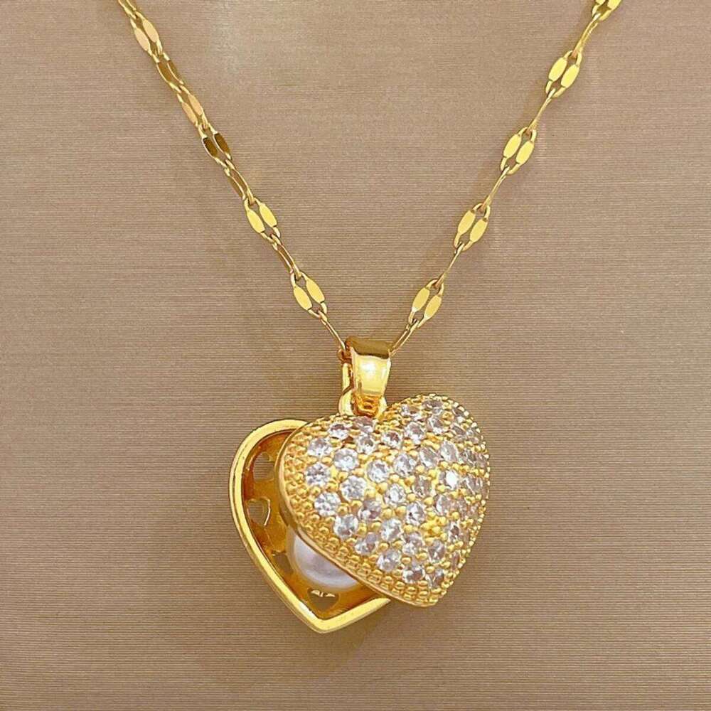 Exquisite Inlaid Zircon Openable Pendant Necklace For Women Men Stainless Steel Imitation Pearl Heart Choker Jewelry H260312