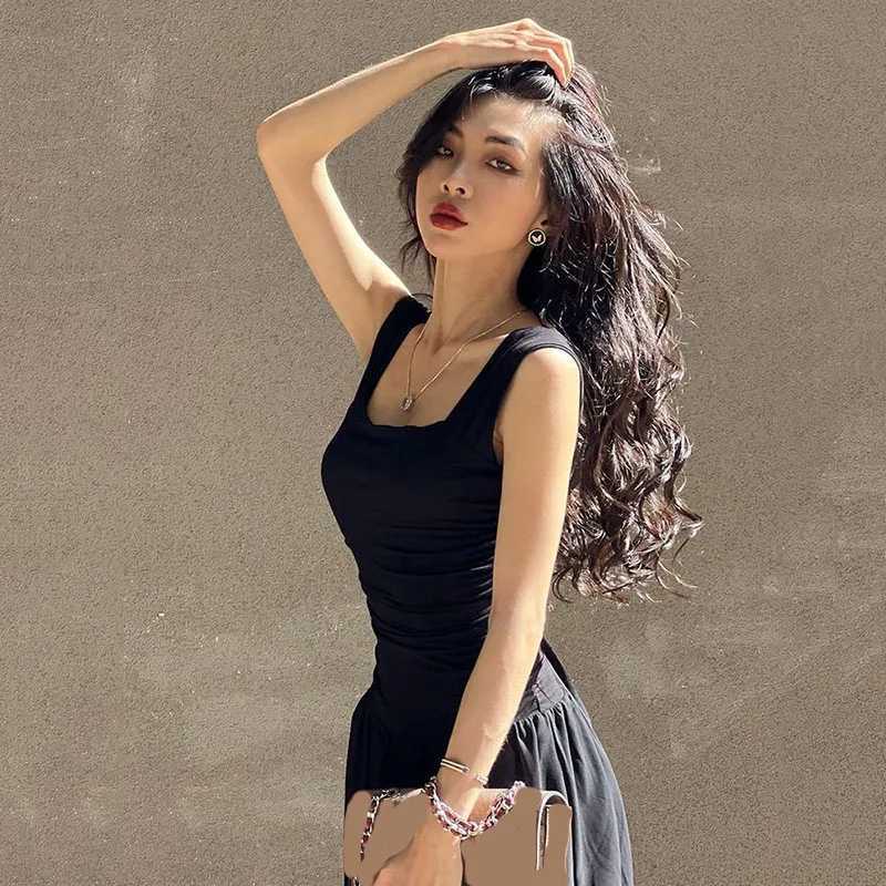 Black Wide Strap Maxi Dress for Women Summer Elegant Temperament High-Waist Party Long Dresses Sexy Ruched Bodycon Midi DressT260314