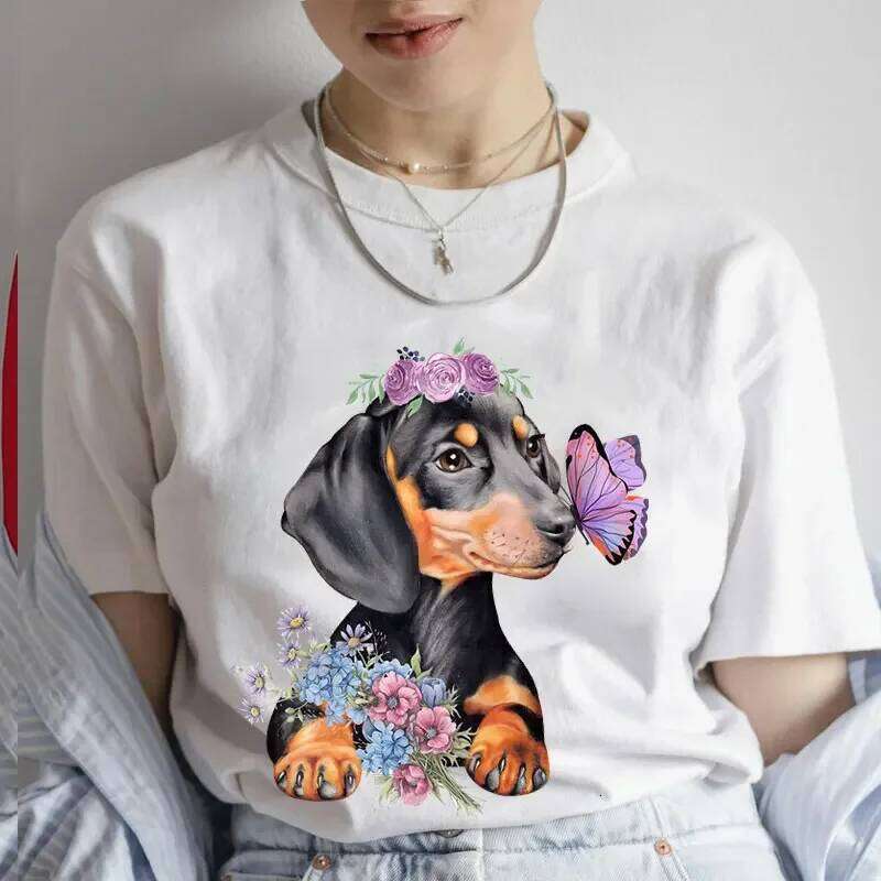 Fashion Cartoon Dachshund Clothes Graphic Dog Lover Print T Shirt for Casual Crew Neck Short Sleeve Plus Size Tshirt Women Z260314