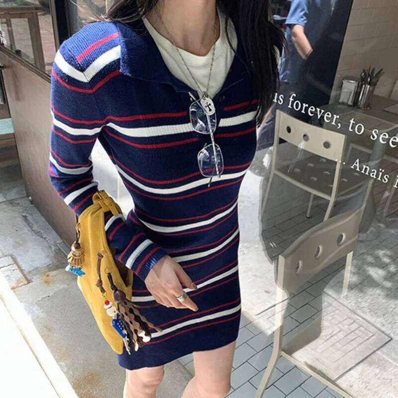 Striped Knitted For Women New Autumn Fashion Long Sleeve Color Blocking Waist Cinching Slim Fit Sexy Bodycon Short Dress Z260314