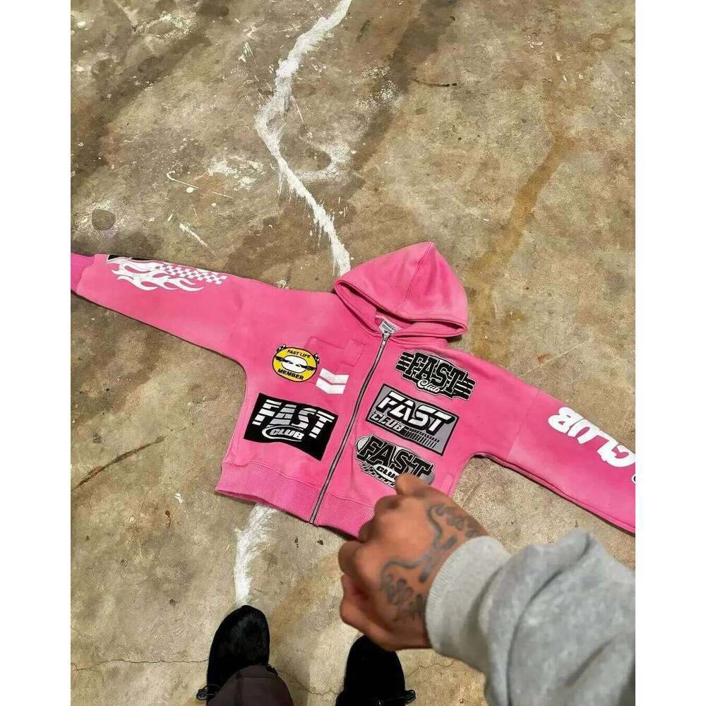 New Motorcycle Style Harajuku Letter Printed Hoodie Retro Gothic High Street Men and Women Casual Loose Zipper Sweatshirt 26Y0313