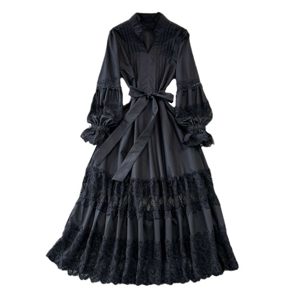 Designer fashion long sleeved V-neck pleated waist slim fit A-line hollow lace dress paired with elegant long skirt