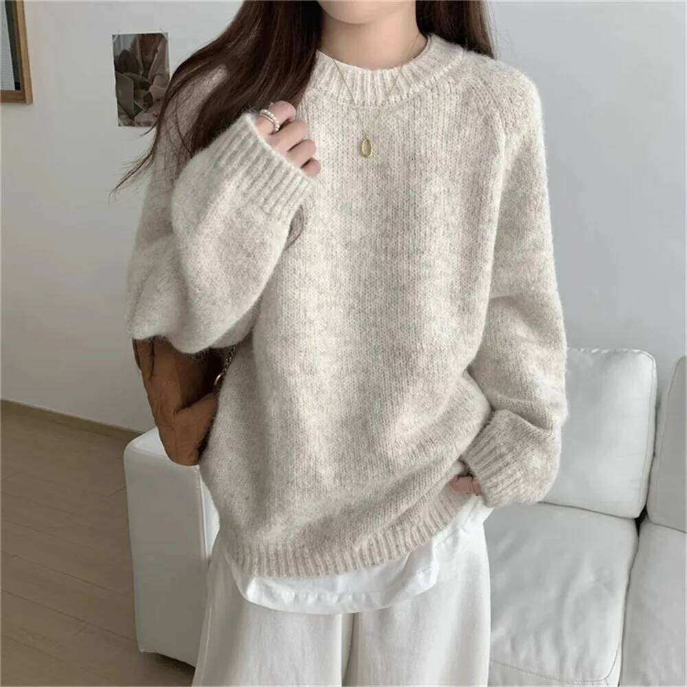 Women Sweater O Neck Jumpers Long Sleeve Knitted Solid Pullovers Lazy Wind Slight Strech Casual Basics Loose Fit Autumn 2025 Z260313