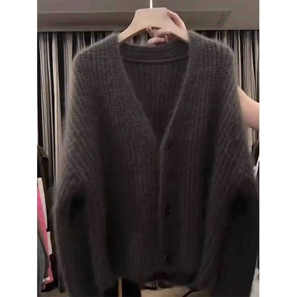 Fluffy Soft Knitted Cardigan V-neck Single Breasted Sweater Women Lazy Coat Crop Tops Design Jackets Long Sleeve Top Z260313