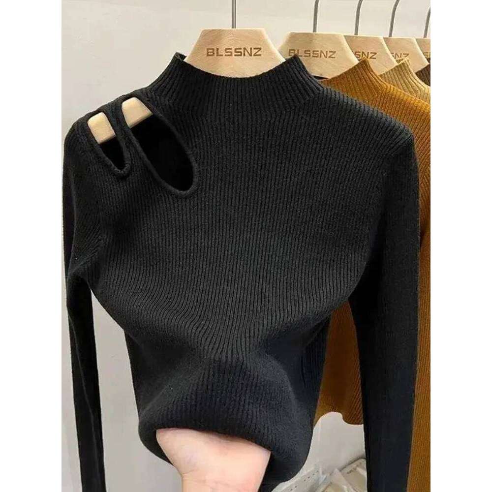 2025 Hollow-out Knitted Sweater Ribbed Pullovers Autumn Winter Basic Women Turtleneck Sweaters Fit Soft Warm Tops Z260314