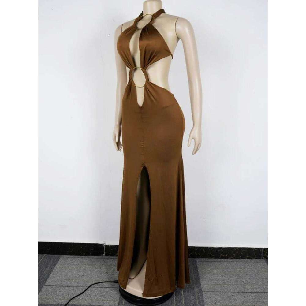 Beyprern New Chic Halter V Neck O Rings Long Maxi Dress Glam Women Sexy Backless Ruched High Slit Party Dresses Birthday Outfits