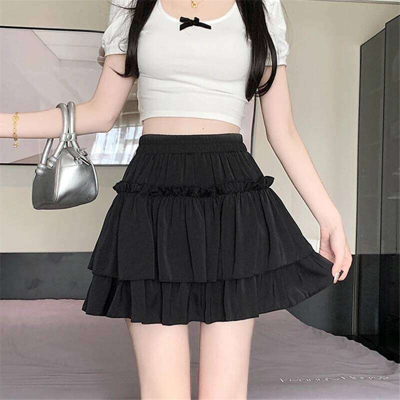 Summer Kawaii Elastic High Waist Black White Ruflles Skirt Women Fashion Slim Fit Chiffon Mini Skirts Giris Y2k All Match Faldas Z260314
