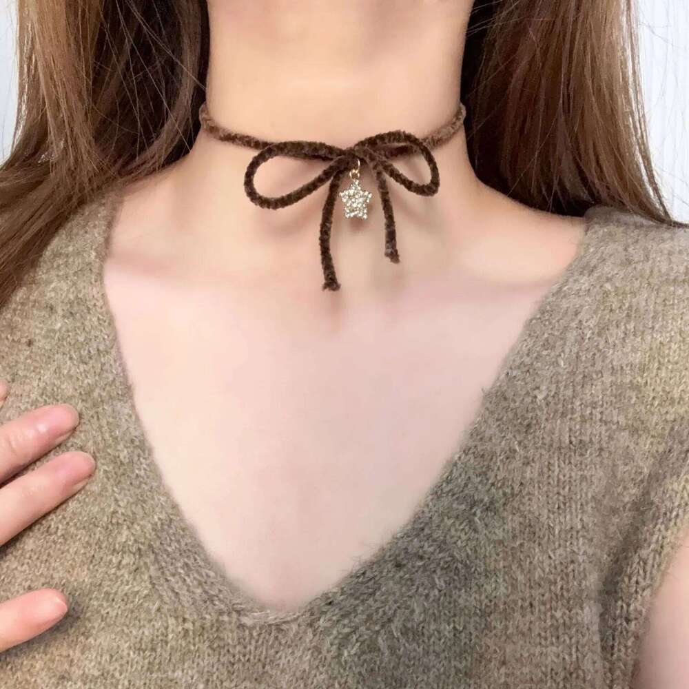 Y2K Vintage Brown Bowknot Flower Sun Stone Leather Pendant Necklace Stacking Choker Plush Leopard Clavicle Chain For Women Girl H260312
