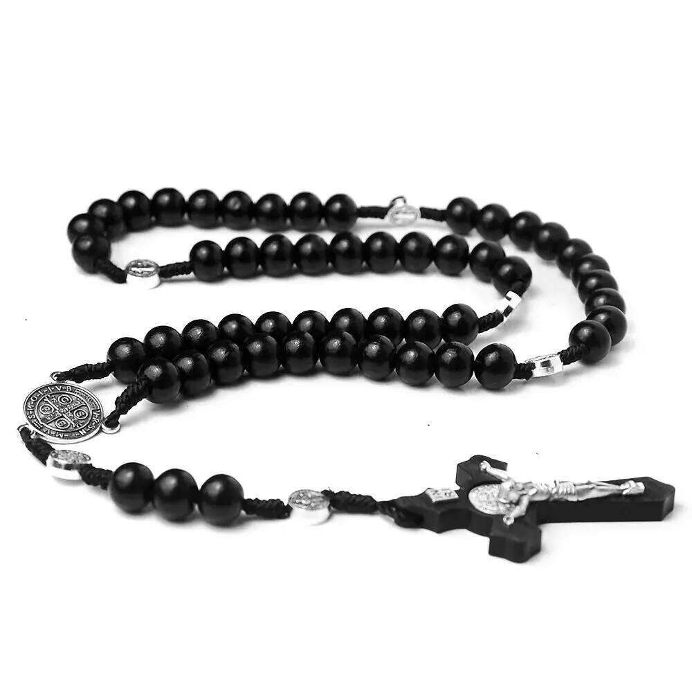 Handmade Rosary Religious Catholic Wood Beads Necklace Car Ornament Mellow Crucifix Pendant Chain Women H260312