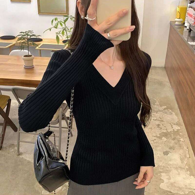 Chic V Neck Knit Sweater Women Korean Solid Simple Office Lady Long Sleeve Pullovers All Match Slim Fit Gentle Bottoming Jumpers Z260313