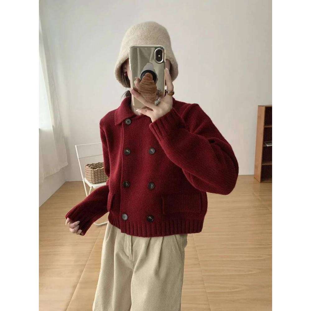 Double-Row Button Solid Color Turndown Collar Cardigan Women's Autumn Winter New Style Korean Outerwear Long Sleeve Warm Sweater Z260313