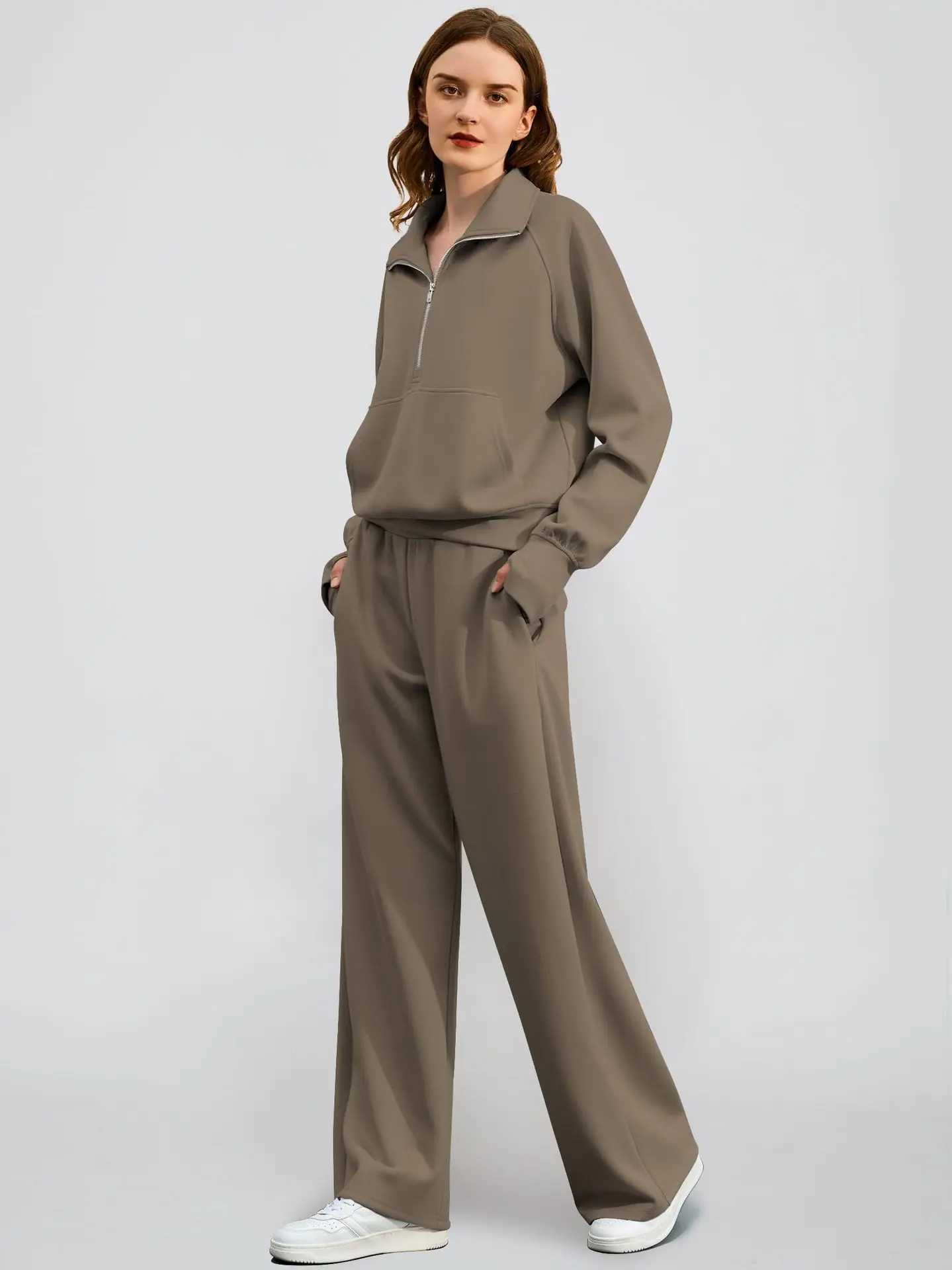 Woman Solid Color Half Zip Long Sleeve Sweatshirt and Wide Leg Pants Set Casual Sporty Two Piece Outfit M260313