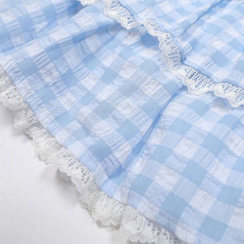 Japanese Kawaii Lace Trim Mini Lolita Style Gingham Layers A-line Y2k Aesthetic Plaid Skirt Teen Girl Streetwear Z260314